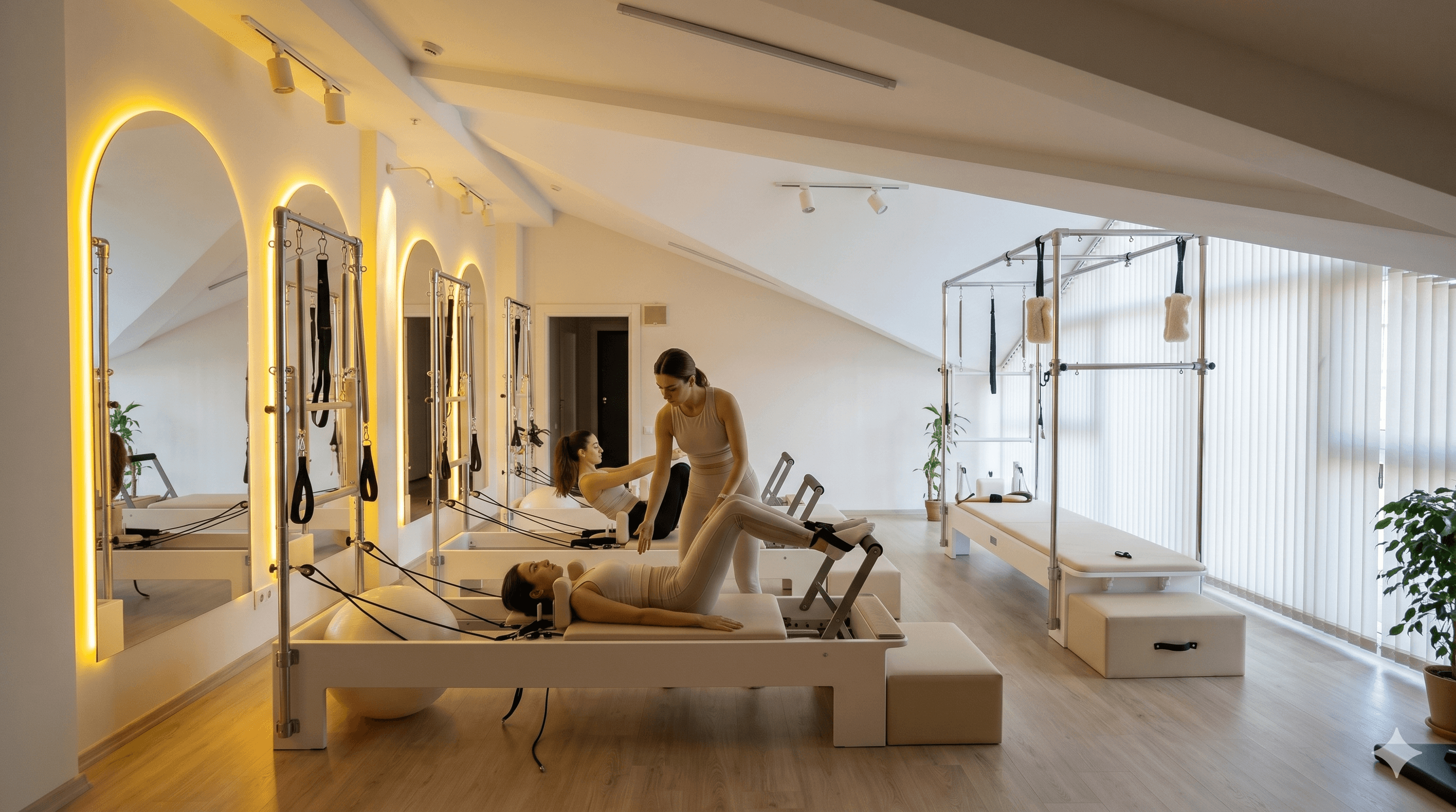 Pilates stüdyosunda reformer üzerinde çalışan danışan