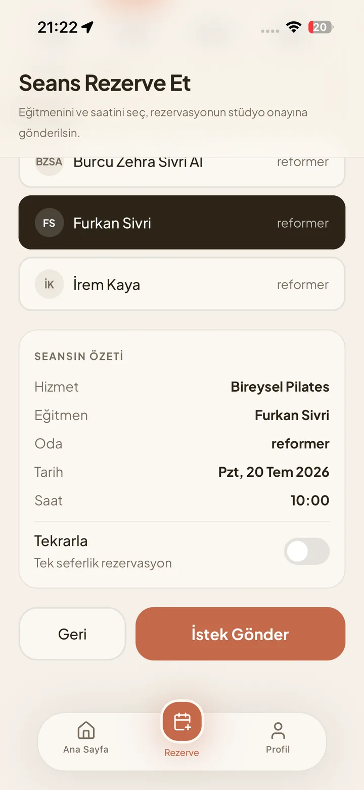 Danışan uygulaması — rezervasyon özeti