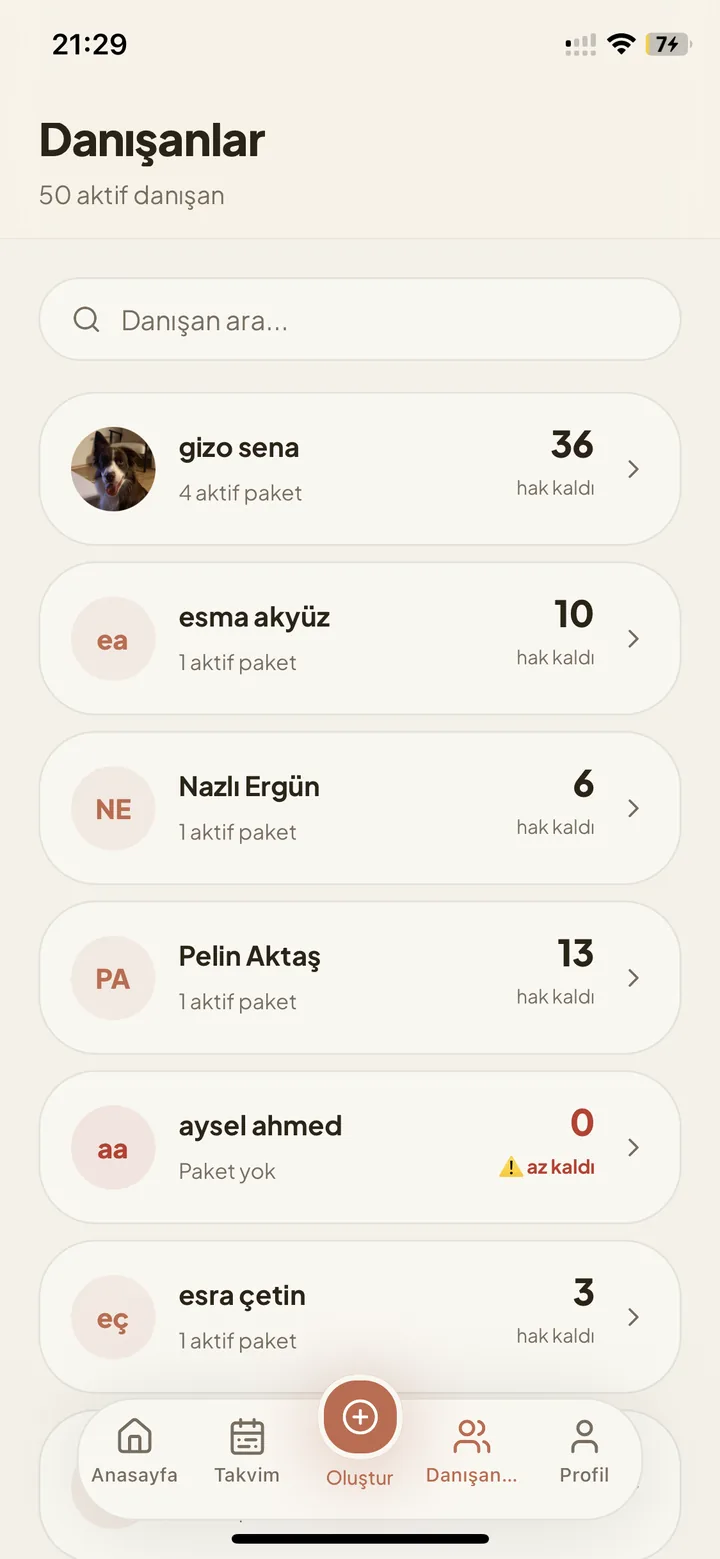 Eğitmen uygulaması — danışanlar